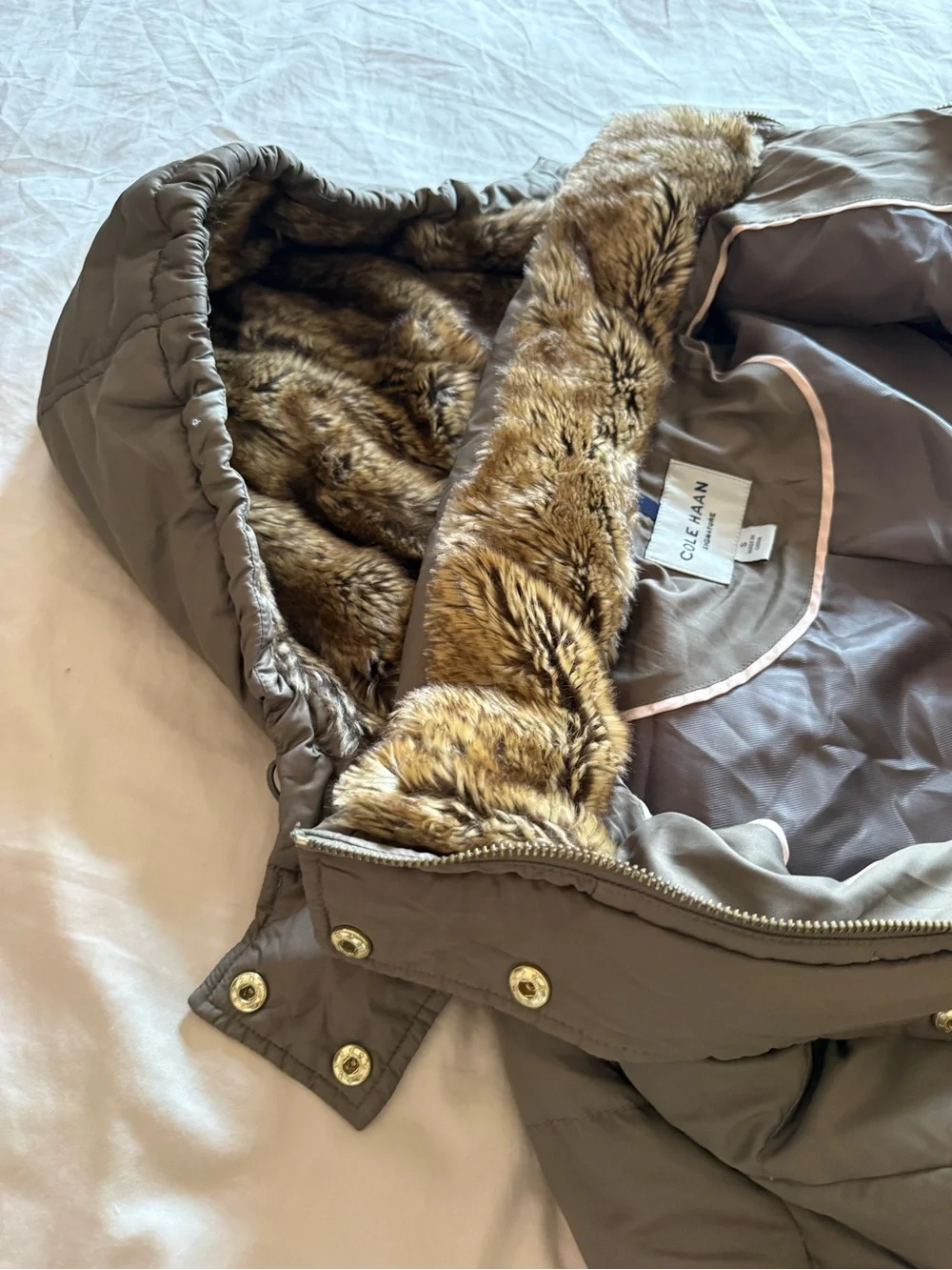 Cole Haan Signature Hooded Belted Down Puffer Long Coat Taupe Brown, Small